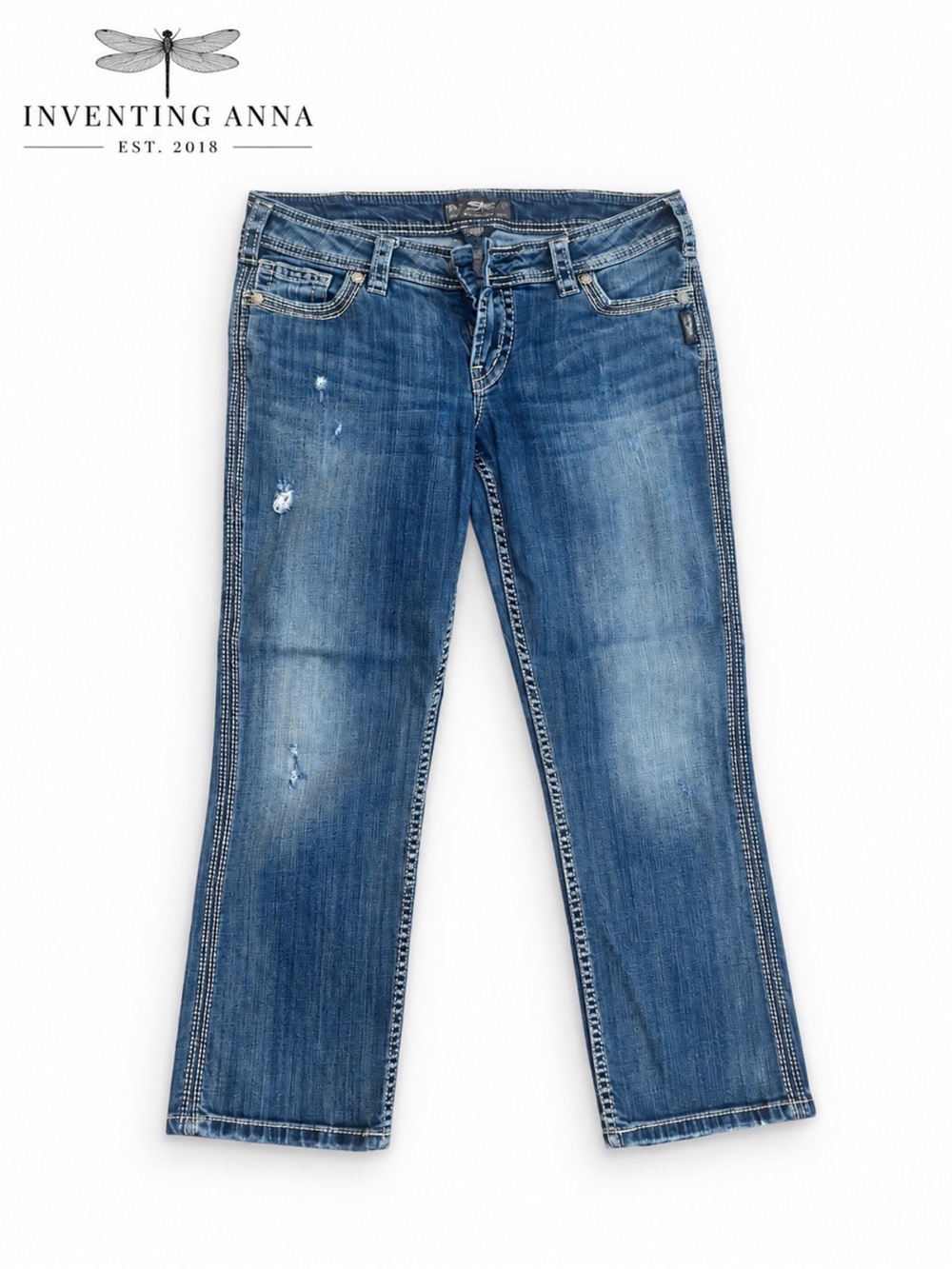 Silver Jeans Co Capri Jeans Womens Medium Wash Distressed Cropped Denim
